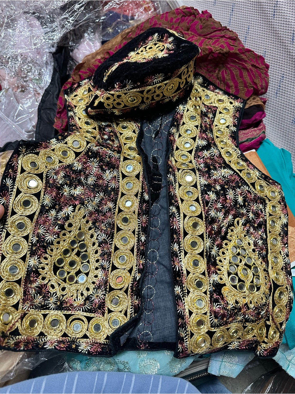 Embroidered Black & Gold Mirrorwork Vest with Cap